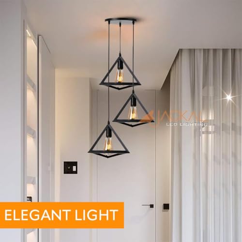 JACKAL Metal 3 Set Vintage Triangle Shape Pendant Light | Hanging Ceiling Light with Braided Cord | Decorative, Fancy Lights for Home, Living Room, Café, Restaurants & Bar (Black) - Without Bulb - Image 3