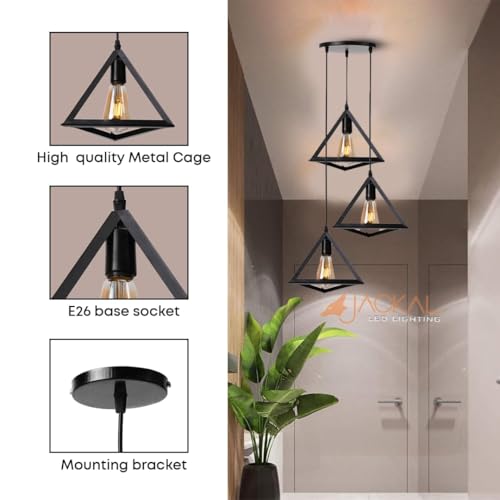 JACKAL Metal 3 Set Vintage Triangle Shape Pendant Light | Hanging Ceiling Light with Braided Cord | Decorative, Fancy Lights for Home, Living Room, Café, Restaurants & Bar (Black) - Without Bulb - Image 2