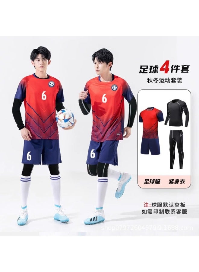 Men's Long-Sleeve Quick-Dry Football Training Uniform Four-Piece Set - Fluorescent Red