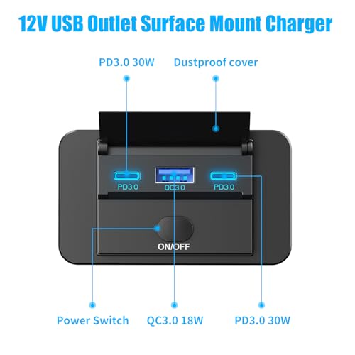 Hapytrip 2 Pack 12V USB Outlet Surface Mount Lightweight, Dual USB C 30W and QC 18W Car USB Port 12 Volt USB Cigarette Lighter Replacement Charger Socket Panel with Button Switch for RV Bus Marine Motorcycle - Image 2