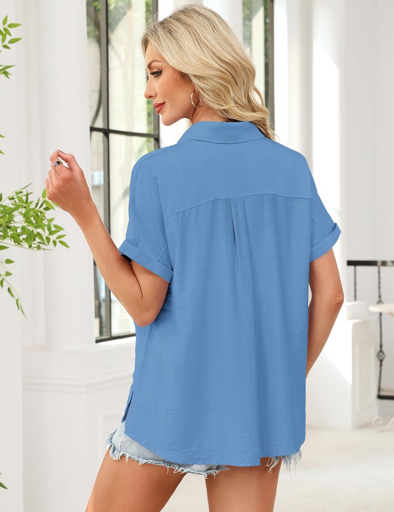 Kistore Womens Tops Short Sleeve Shirts Button Down Casual Blouses Loose Fit Button Up Dress Shirt Collared Work Business Top Blue L - Image 5