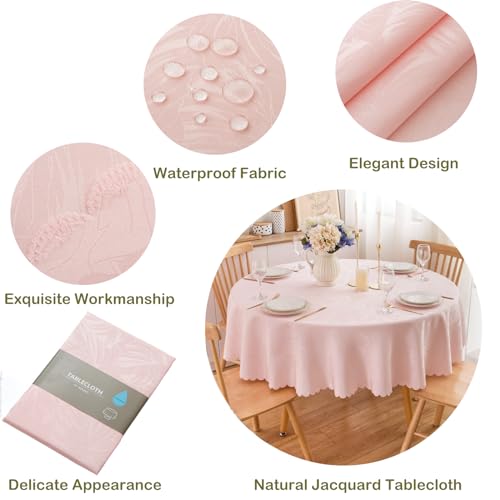 EFFICINATURE Round Tablecloth 60 Inch Pink Valentines Day Table Cloths Waterproof Washable Wrinkle Free Leaves Jacquard Soft Fabric Table Cover for 20-48 Tables-Kitchen Birthday Party Decoration - Image 5