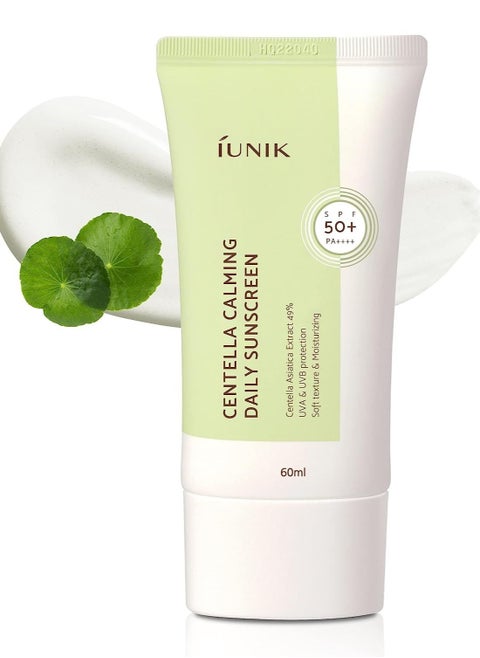 Centella Calming Vegan Moisture SPF 50+ PA++++ Non-Sticky No White Cast Light-Weight Daily Sunscreen Reef-Safe UVA UVB Matte-Finish No-Scent 2 Oz Beta-Glucan Dry Oily Sensitive Acne-Prone Skin