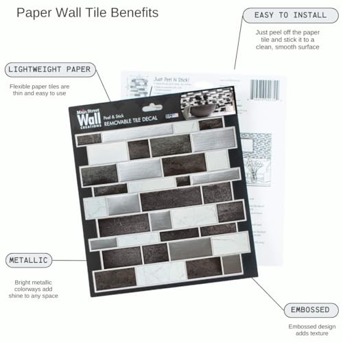 Main Street 24Pack of 8 x 8 Paper Tiles for Kitchen Backsplash in Mosaic Design Peel and Stick Renter Friendly Self Stick Paper Wall Tiles for Your Home and DIY Projects Black and Silver Mosaic - Image 3