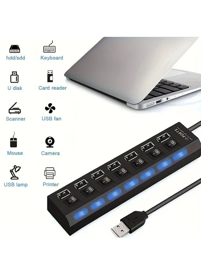 محور USB أسود 4 منافذ مع مفتاح مستقل وضوء للكمبيوتر ماوس لوحة المفاتيح تخزين - Image 3