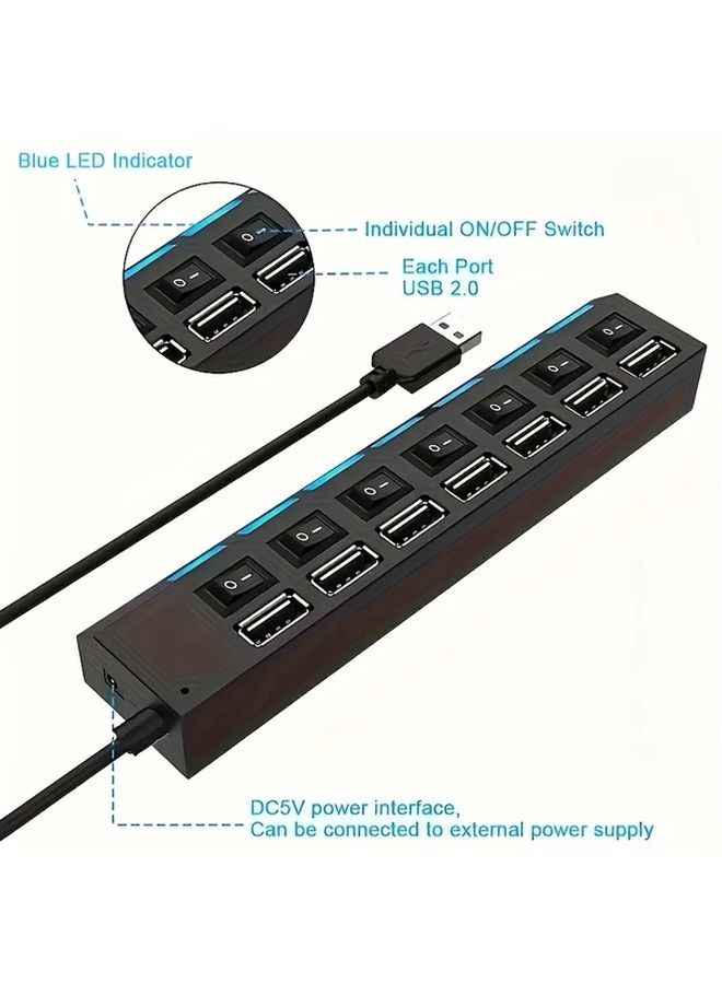 محور USB أسود 4 منافذ مع مفتاح مستقل وضوء للكمبيوتر ماوس لوحة المفاتيح تخزين - Image 4