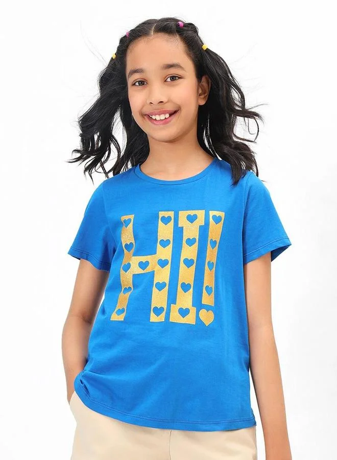 Bonkids Regular Fit Printed Dark And Blue Cotton T-Shirt For Girls Round Neck Flat Collar Pull On 100 % Cotton