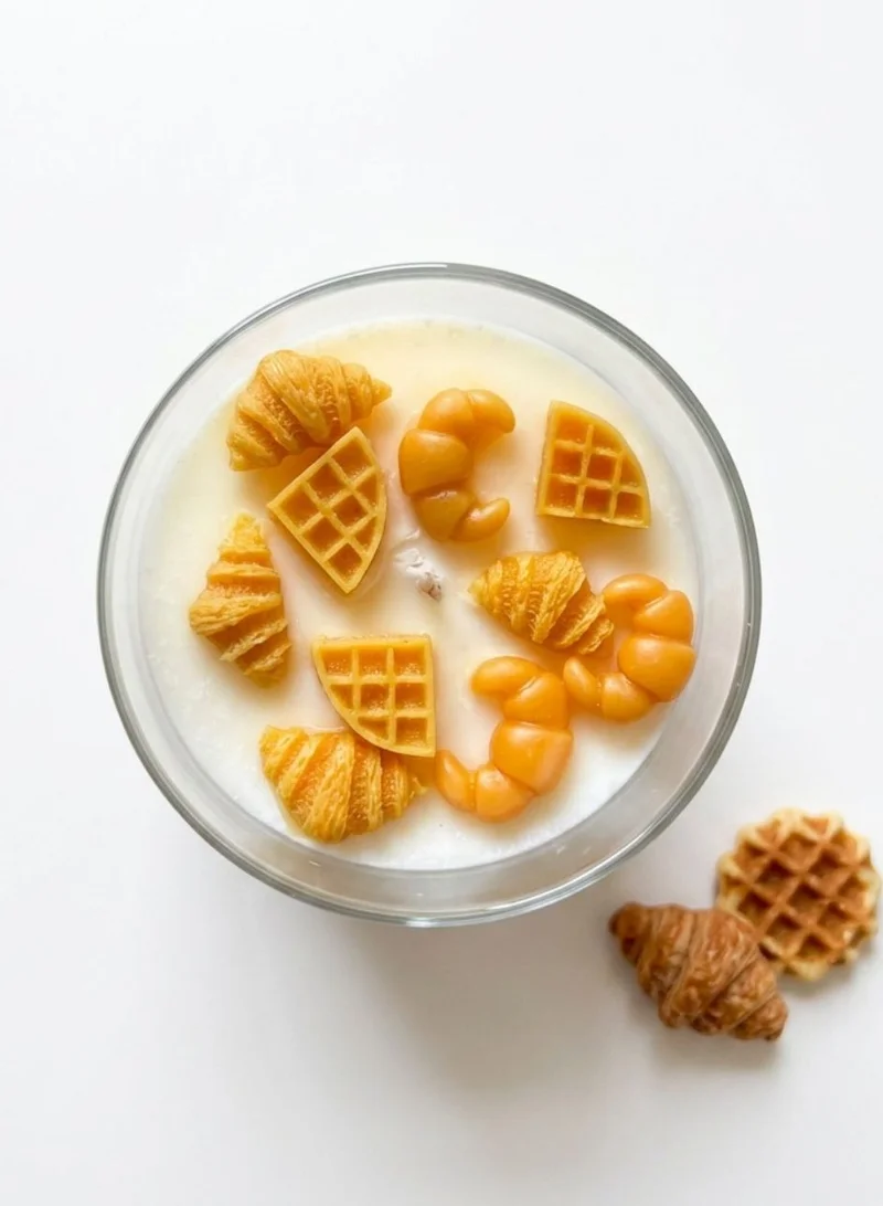 Florence Sunday Toast Breakfast Candle, Handmade Soy Wax Candle with Croissant, Waffle and Pastry Wax Embeds, Decorative Scented Candle for Kitchen Decor and Gifting