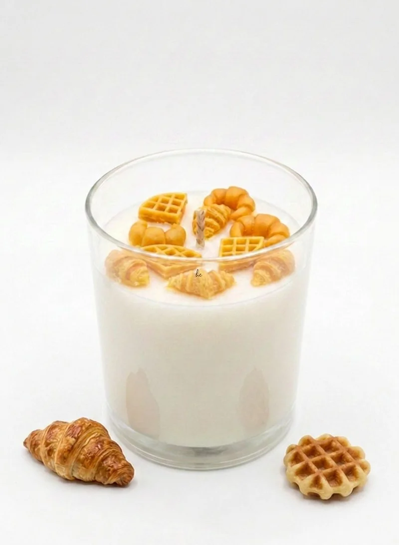 Florence Sunday Toast Breakfast Candle, Handmade Soy Wax Candle with Croissant, Waffle and Pastry Wax Embeds, Decorative Scented Candle for Kitchen Decor and Gifting