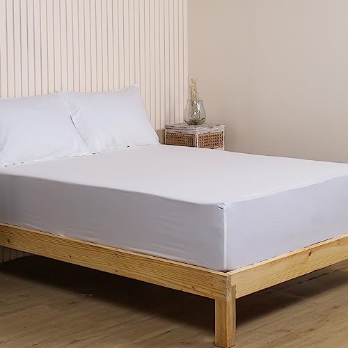 LINENWALAS Solid 300 Tc 100% Pure Cotton Percale Fitted Sheet for Queen Bed Size Bedding with Pillow Cover for Bedroom, Soft Hotel Quality Bottom Bedsheets with Elastic Deep Pocket (60x78 Inch, White) - Image 1