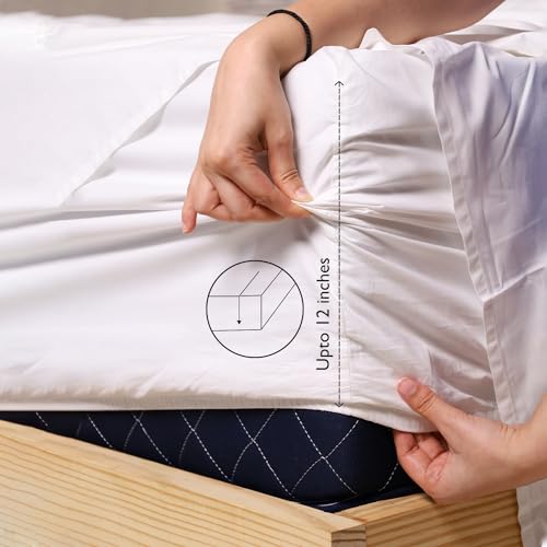 LINENWALAS Solid 300 Tc 100% Pure Cotton Percale Fitted Sheet for Queen Bed Size Bedding with Pillow Cover for Bedroom, Soft Hotel Quality Bottom Bedsheets with Elastic Deep Pocket (60x78 Inch, White) - Image 3