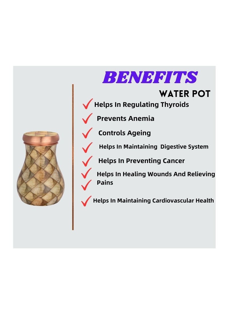 Generic - Rajwadi Pure Copper Water Pot With Glass  850ML (28.7 OZ) Designer Collection Burfi Benefited Bottle For Healthy Life Style - Image 1