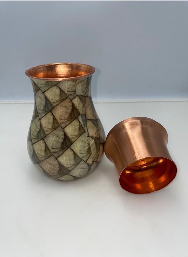 Generic - Rajwadi Pure Copper Water Pot With Glass  850ML (28.7 OZ) Designer Collection Burfi Benefited Bottle For Healthy Life Style - Image 1