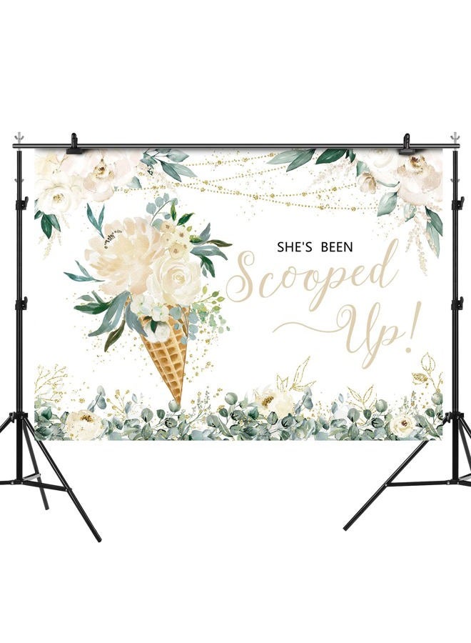 Rsuuinu Ice Cream Bridal Shower Backdrop She's Been Scooped Up White Flowers Green Leaves Photography Background Bridal Shower Party Decorations Cake Table Banner Supplies Photo Booth Props 7x5ft - Image 2