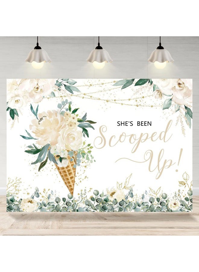 Rsuuinu Ice Cream Bridal Shower Backdrop She's Been Scooped Up White Flowers Green Leaves Photography Background Bridal Shower Party Decorations Cake Table Banner Supplies Photo Booth Props 7x5ft - Image 1