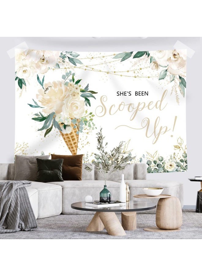 Rsuuinu Ice Cream Bridal Shower Backdrop She's Been Scooped Up White Flowers Green Leaves Photography Background Bridal Shower Party Decorations Cake Table Banner Supplies Photo Booth Props 7x5ft - Image 3