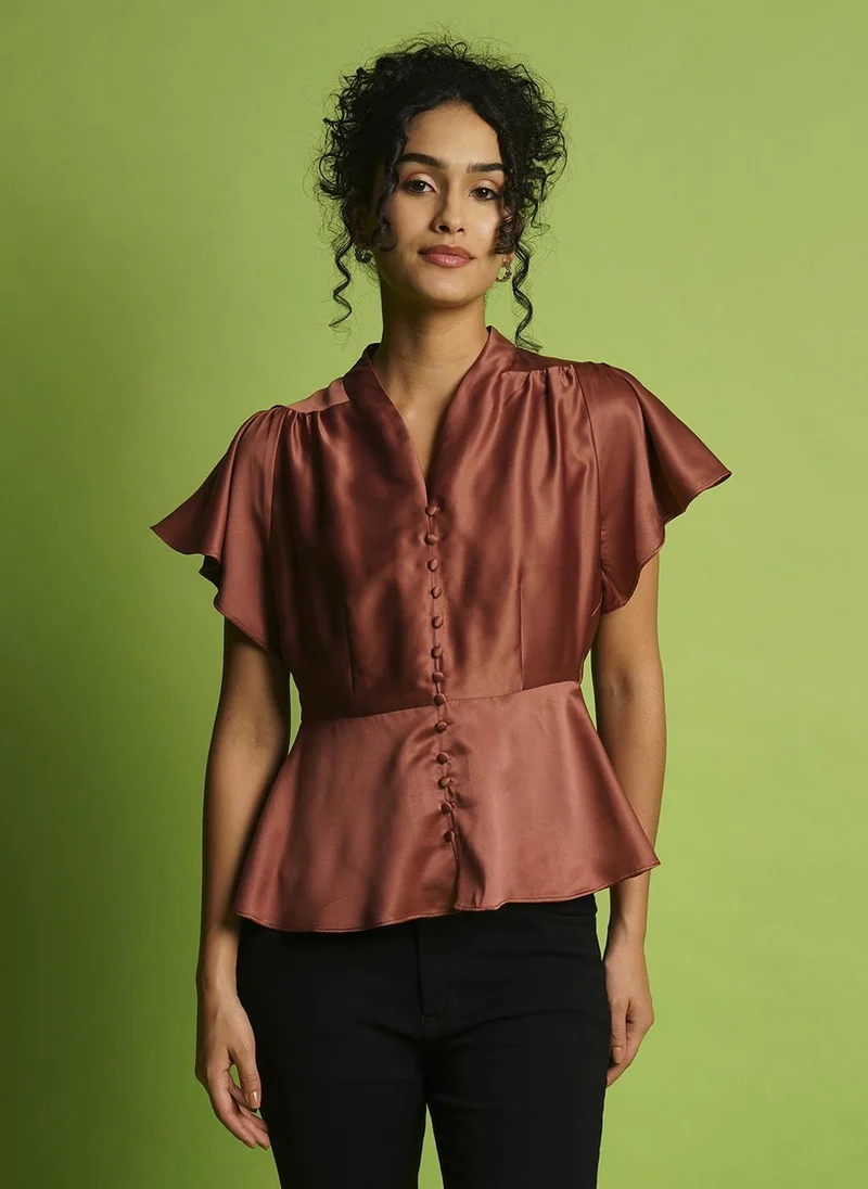 globus Globus Women Solid Rose V-Neck Flutter Sleeve Peplum Party Top