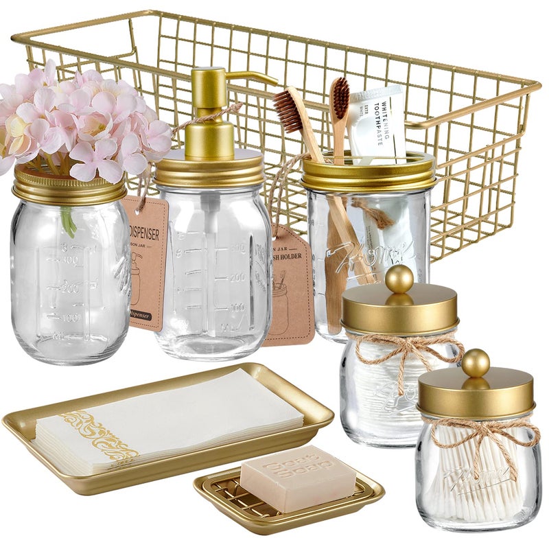 SheeChung 8PCS Mason Jar Bathroom Accessories Set Complete  Soap Dispenser Toothbrush Holder 2pcs Qtip Holders Flower Vase Soap Holder Vanity Tray Toilet Paper Storage Bathroom Decor  Gold