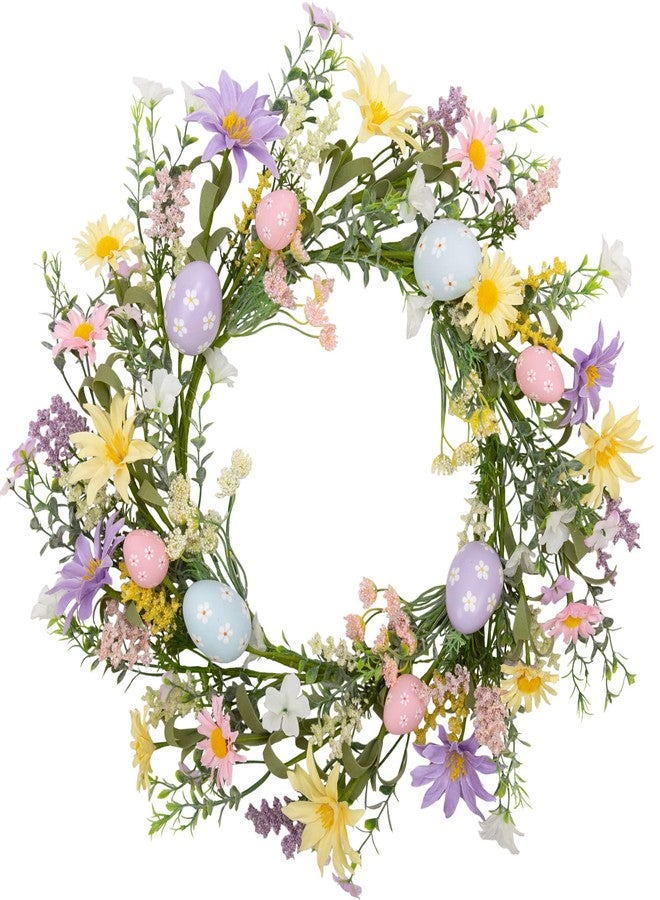 VGIA 18 Inch Pastel Egg Easter Wreath with Wild Flowers for Front Door Spring Decorations - Image 1