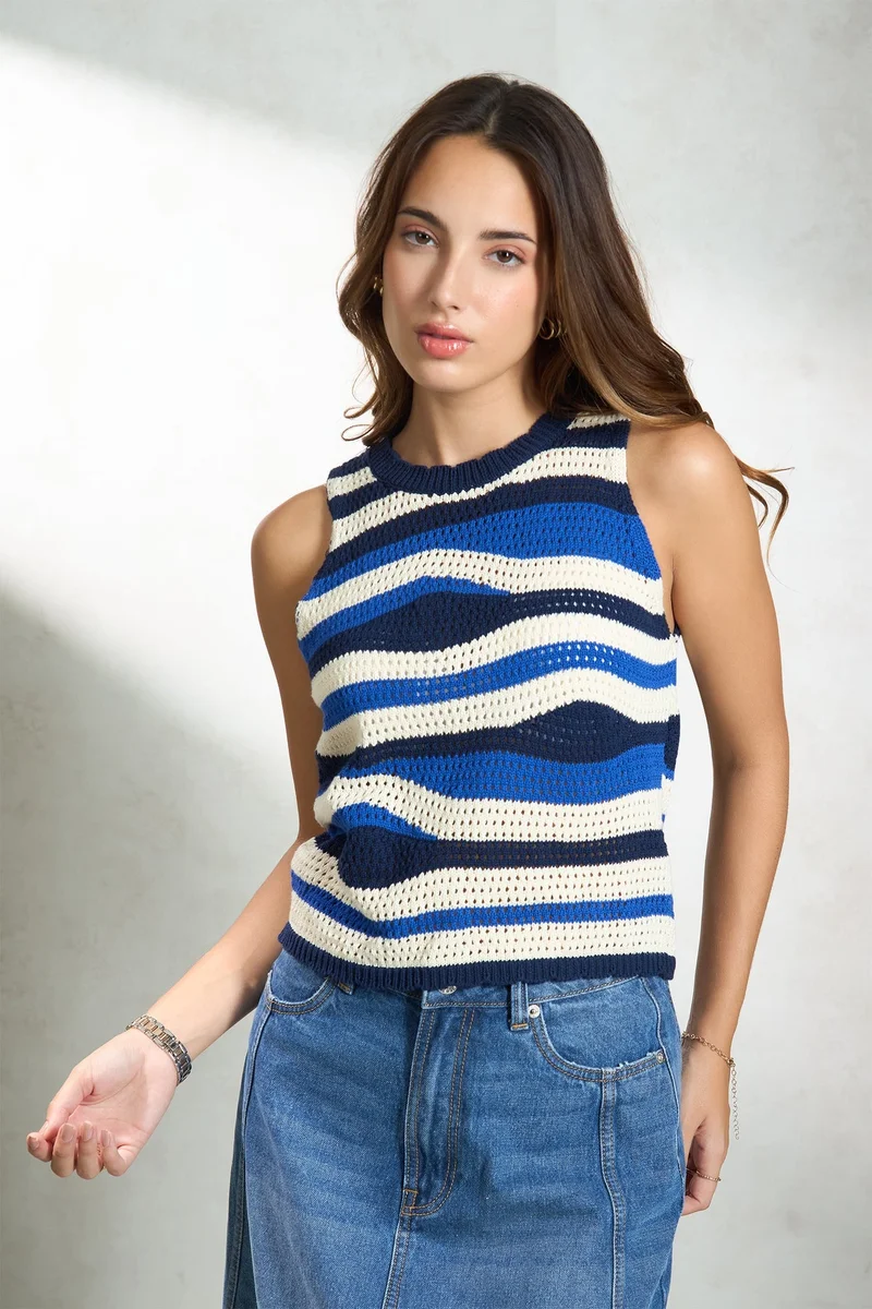 فيرجيو Stripes Cotton Multicolour Sleeveless Knit Top for Women