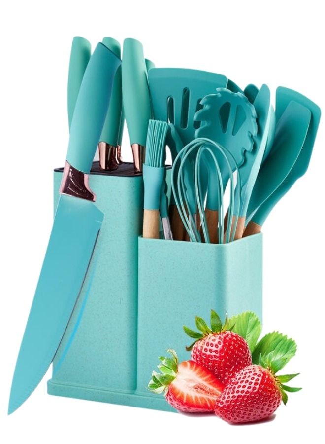 19 قطعة مكون أواني طهي من السيليكون من أواني مطبخ بمقابض خشبية آمنة ومقاومة للحرارة والصدأ - Image 1