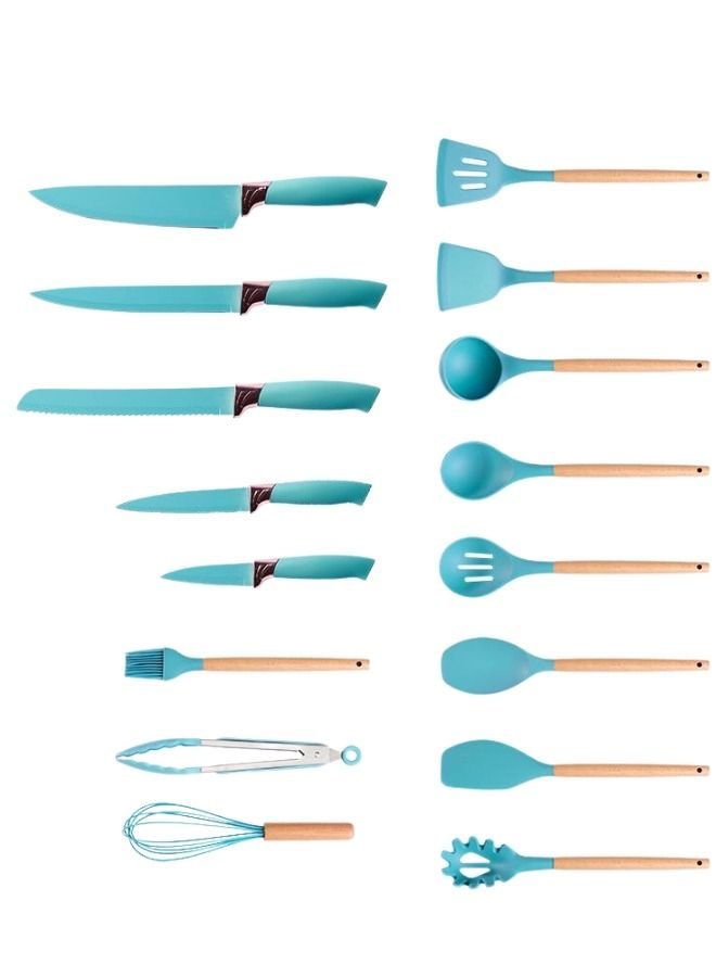 19 قطعة مكون أواني طهي من السيليكون من أواني مطبخ بمقابض خشبية آمنة ومقاومة للحرارة والصدأ - Image 3