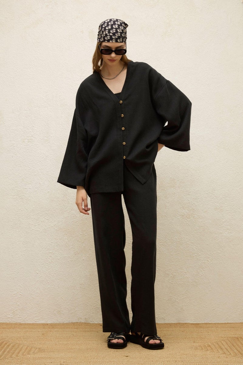Manuka Pocketed Casual Linen Trousers Black  - Image 2