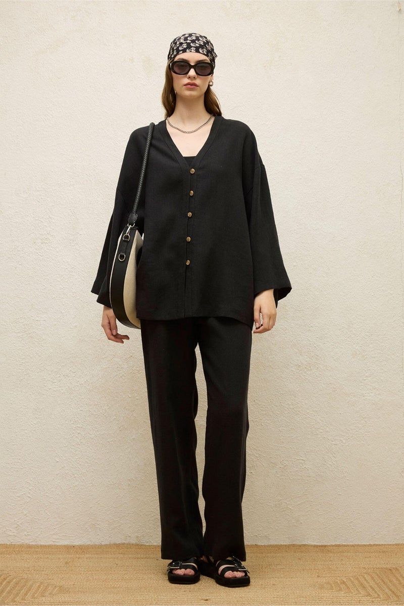 Manuka Pocketed Casual Linen Trousers Black  - Image 3