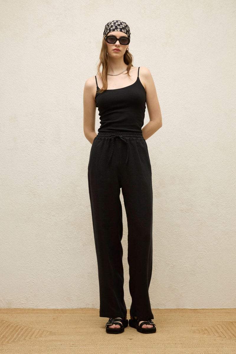 Manuka Pocketed Casual Linen Trousers Black  - Image 1