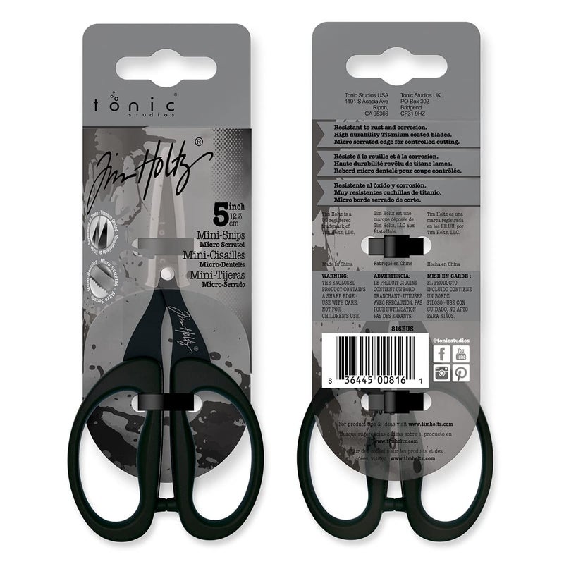 TONIC STUDIOS Tim Holtz Small Scissors - 5 Inch Mini Snips with Micro Serrated Blade - Craft Tool for Cutting Paper, Fabric, and Sewing - Titanium with Black Comfort Grip Handles - Image 3