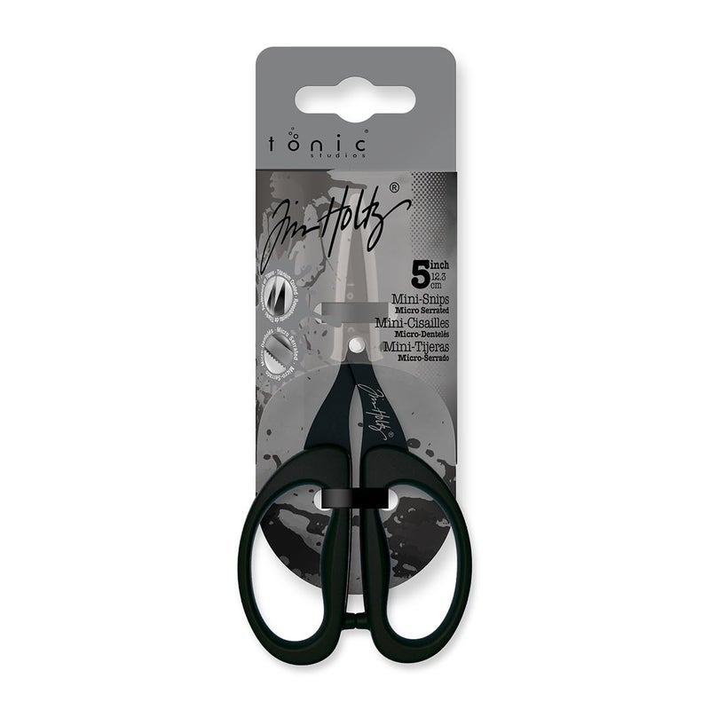 TONIC STUDIOS Tim Holtz Small Scissors - 5 Inch Mini Snips with Micro Serrated Blade - Craft Tool for Cutting Paper, Fabric, and Sewing - Titanium with Black Comfort Grip Handles - Image 1