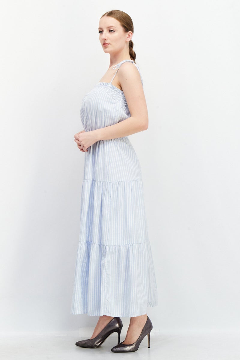 Lost + Wander فستان ميدي كاجوال مخطط للنساء، أزرق غامق - Image 3