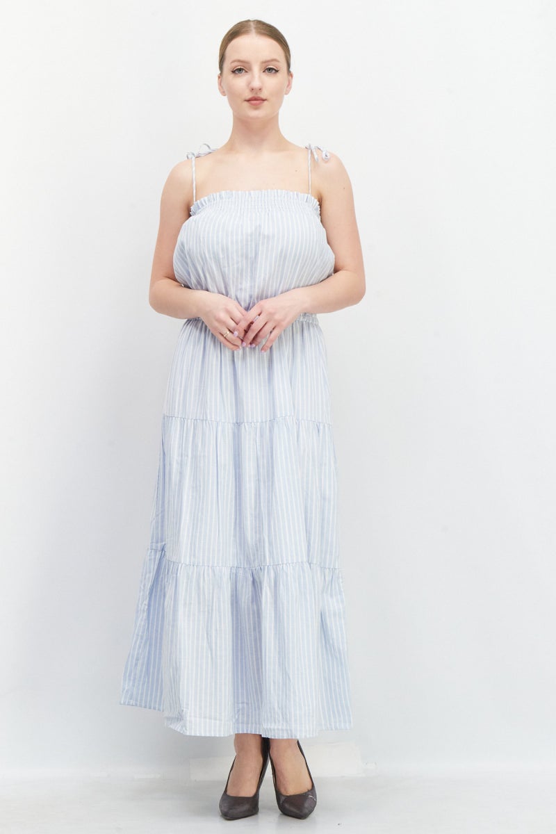 Lost + Wander فستان ميدي كاجوال مخطط للنساء، أزرق غامق - Image 1