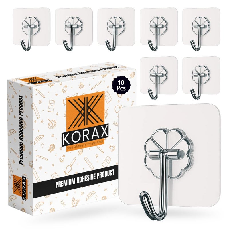 KORAX 10 قطع خطافات لاصقة للجدران للتعليق قوية 5kg-10kg - خطافات جدارية بدون حفر - خطافات ملصقات للجدران للمطبخ، الحمام، غرفة المعيشة وغرفة النوم - خطافات لاصقة لتحسين المنزل - Image 1