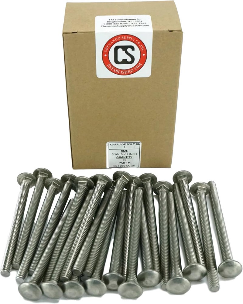 Chenango Supply Stainless 5/16-18 x 4inches Carriage Bolt (1inches to 5inches Lengths Available in Listing), 18-8 Stainless Steel,25 Pieces (5/16-18x4) - Image 2