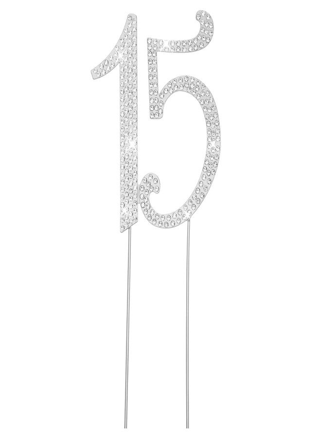 DOPENSPI 15 Cake Topper, Rhinestone 15th Birthday Cake Topper Happy 15 Crystal Rhinestones Cakes Toppers Crystal Rhinestones Birthdays Cakes Decoration for Quinceanera Birthday Anniversary(Silver) - Image 1