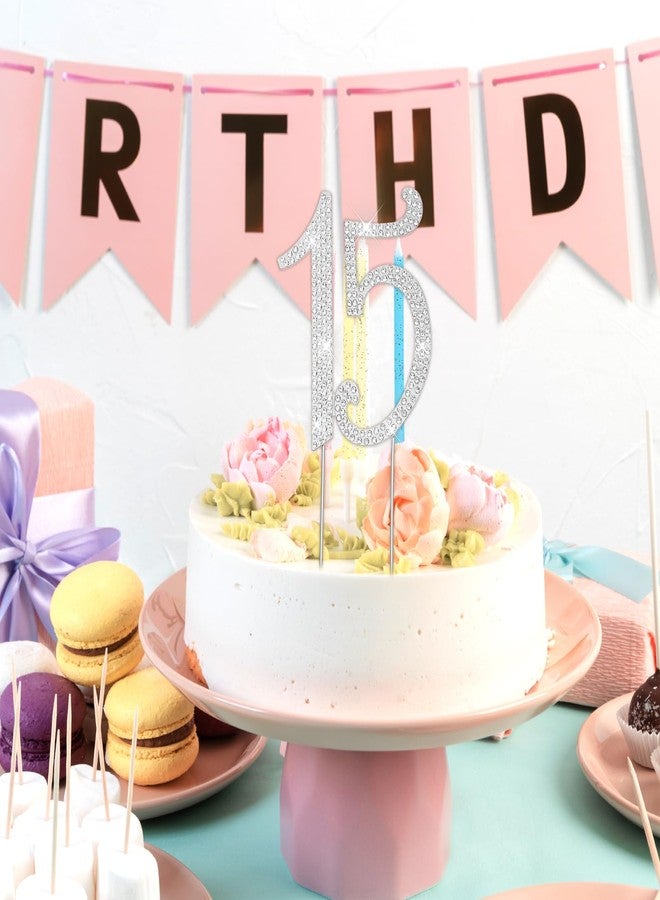 DOPENSPI 15 Cake Topper, Rhinestone 15th Birthday Cake Topper Happy 15 Crystal Rhinestones Cakes Toppers Crystal Rhinestones Birthdays Cakes Decoration for Quinceanera Birthday Anniversary(Silver) - Image 5