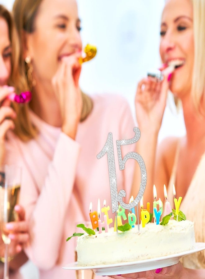 DOPENSPI 15 Cake Topper, Rhinestone 15th Birthday Cake Topper Happy 15 Crystal Rhinestones Cakes Toppers Crystal Rhinestones Birthdays Cakes Decoration for Quinceanera Birthday Anniversary(Silver) - Image 4