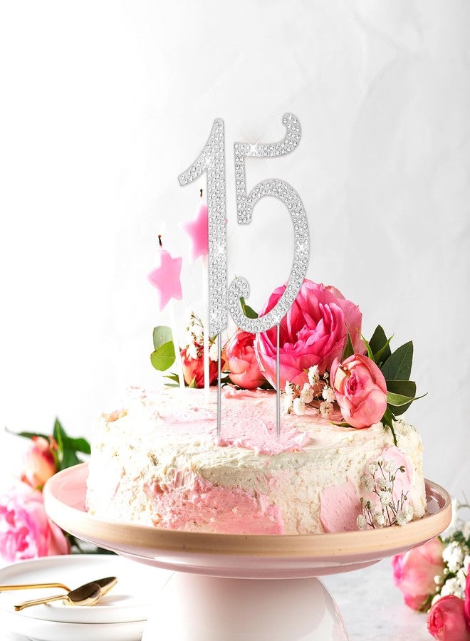 DOPENSPI 15 Cake Topper, Rhinestone 15th Birthday Cake Topper Happy 15 Crystal Rhinestones Cakes Toppers Crystal Rhinestones Birthdays Cakes Decoration for Quinceanera Birthday Anniversary(Silver) - Image 2