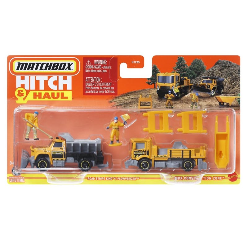Matchbox Collectible DieCast Metal Vehicle Hitch Haul Set HVP28 MBX Construction Zone Road Stripe King and Plowverizer Dumptruck Includes 2 Figures and Accessories - Image 2