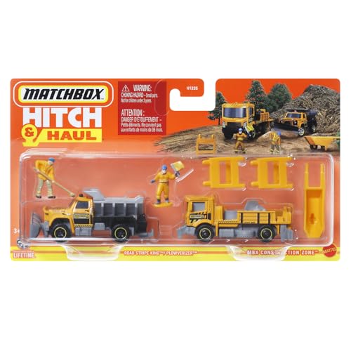 Matchbox Collectible DieCast Metal Vehicle Hitch Haul Set HVP28 MBX Construction Zone Road Stripe King and Plowverizer Dumptruck Includes 2 Figures and Accessories - Image 1