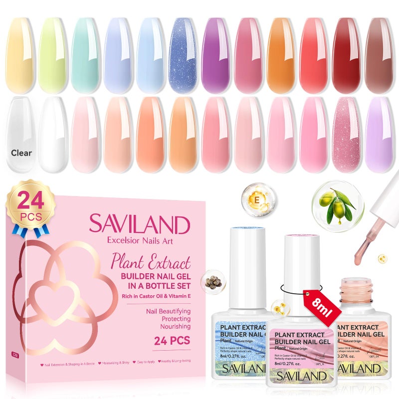 SAVILAND Builder Nail Gel 24 Colors: Castor Oil & Vitamin E Builder in a Bottle Translucent Color Hard Gel for Nails Strengthener Extension Care Repair Home Salon Professionals - Image 1