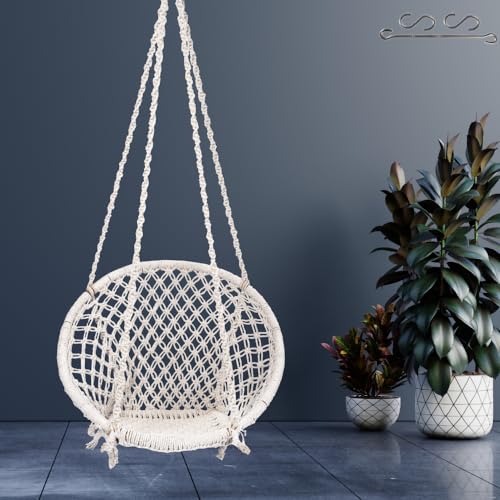 Patiofy Swing for Adults and Kids | Suitable for Living Room, Balcony | Capacity Upto 120 Kgs | Includes Free Hanging Accessories | Handmade Jhula with Cotton Rope | Jhula for Adults (Off-White) - Image 1