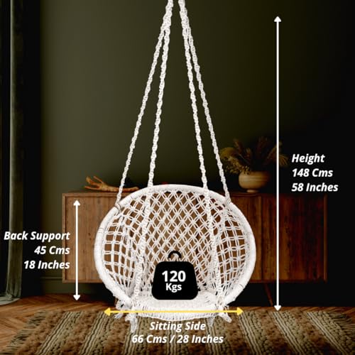 Patiofy Swing for Adults and Kids | Suitable for Living Room, Balcony | Capacity Upto 120 Kgs | Includes Free Hanging Accessories | Handmade Jhula with Cotton Rope | Jhula for Adults (Off-White) - Image 3