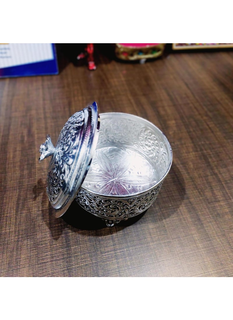 MISHITA COLLECTIONS MISHITA COLLECTIONS German Silver HandEngraved Dryfruit Box with Flower Lid Vintage Style Box for Serving Snacks Dry Fruits 5 W x 3 H  - Image 4