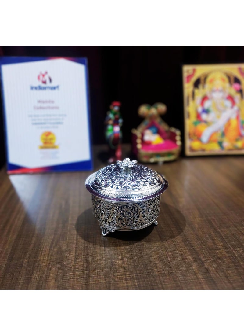 MISHITA COLLECTIONS MISHITA COLLECTIONS German Silver HandEngraved Dryfruit Box with Flower Lid Vintage Style Box for Serving Snacks Dry Fruits 5 W x 3 H  - Image 2
