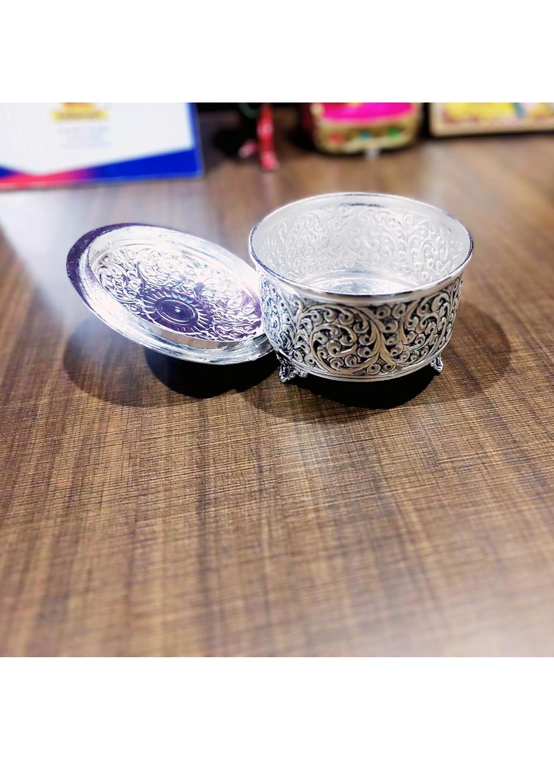 MISHITA COLLECTIONS MISHITA COLLECTIONS German Silver HandEngraved Dryfruit Box with Flower Lid Vintage Style Box for Serving Snacks Dry Fruits 5 W x 3 H  - Image 3