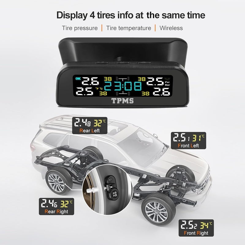 Tire Pressure Monitoring System, Wireless Solar Tpms Sensor, Tire Pressure Monitor Sensor with 4 Internal Sensors, Real-time Display Temperature Pressure, Car Accessories for Car RV SUV MPV Sedan - Image 2