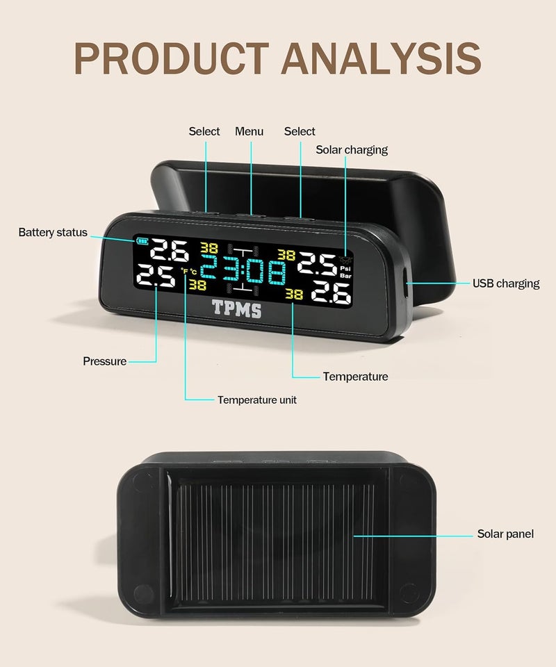 Tire Pressure Monitoring System, Wireless Solar Tpms Sensor, Tire Pressure Monitor Sensor with 4 Internal Sensors, Real-time Display Temperature Pressure, Car Accessories for Car RV SUV MPV Sedan - Image 3