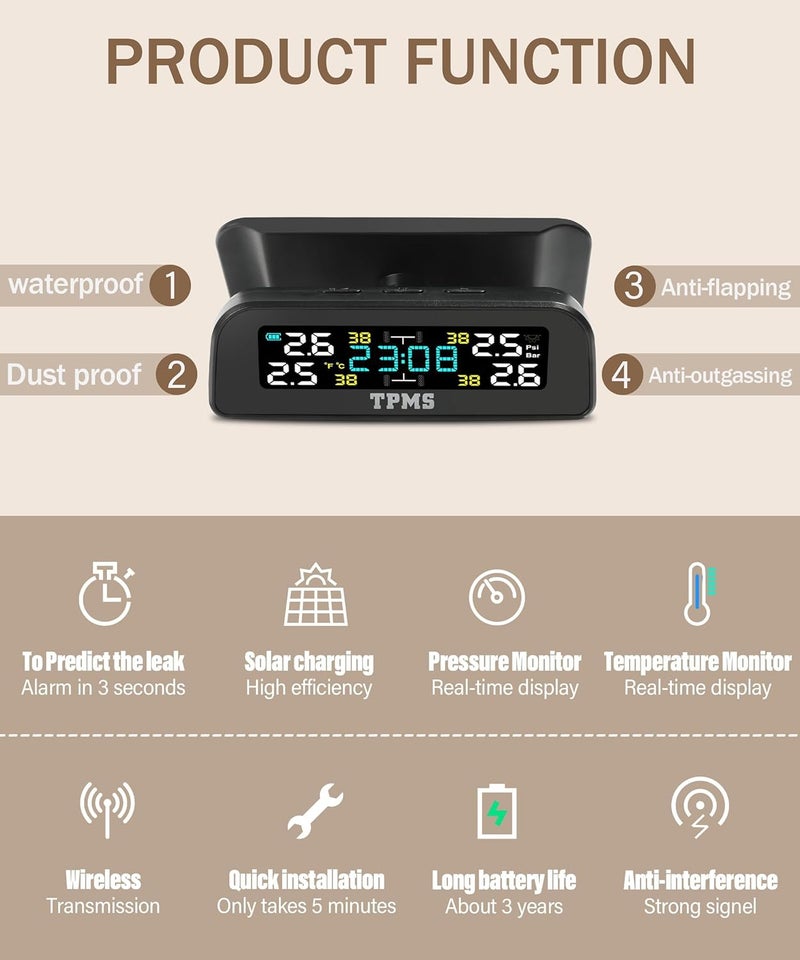 Tire Pressure Monitoring System, Wireless Solar Tpms Sensor, Tire Pressure Monitor Sensor with 4 Internal Sensors, Real-time Display Temperature Pressure, Car Accessories for Car RV SUV MPV Sedan - Image 4